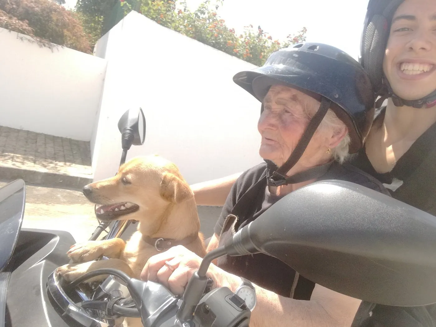 A Maria à boleia numa mota, com um cão ao colo e uma neta a conduzir.